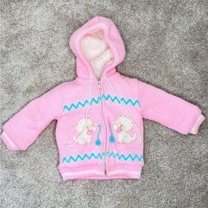 Vintage Tiny Tots Pink Cat Knitted Sherpa Lined Jacket Sweater 24M